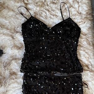 Vintage Betsey Johnson Black Sequin Mesh Flutter Two Piece